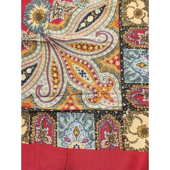 Square Silk Scarf Red With Ornate Paisley Floral Print 27.5 inch Square Wild Rag - Picture 12 of 16